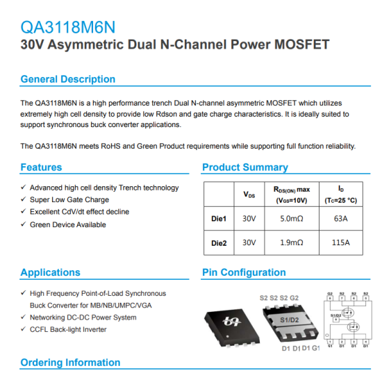 QA3118M6N QA3118 Mosfet Dual N-Channel  63A/115A Mosfet
