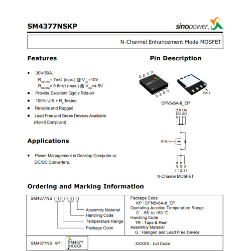 SM4377 SM4377NSKPC 30V 50A N-Channel DFN5x6mm Mosfet