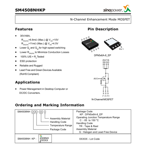 SM4508NH 4508NH Mosfet N-Channel 30V 48A Mosfet