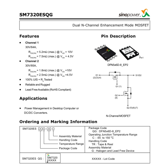 SM7320 SM7320ESQGC Mosfet Dual N-Channel 30V 85A Mosfet