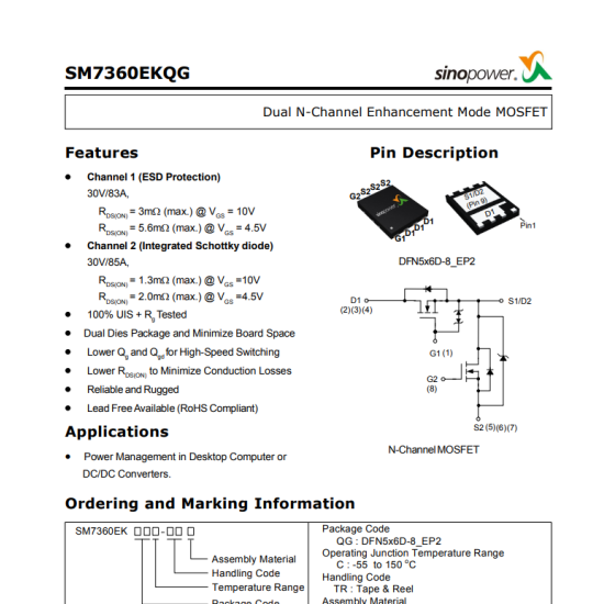SM7360 SM7360EK Mosfet 30V 85A Dual N-Channel Mosfet