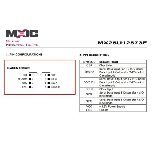 MX25U12873FZNI-10G QFN 6x5mm 1.8V Pinsiz BIOS Entegre