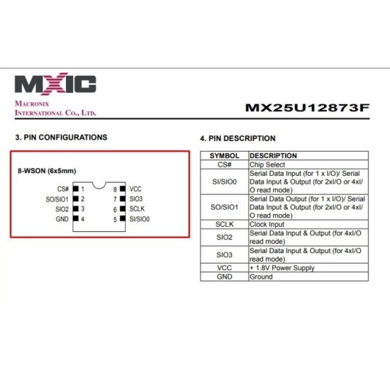 MX25U12873FZNI-10G QFN 6x5mm 1.8V Pinsiz BIOS Entegre