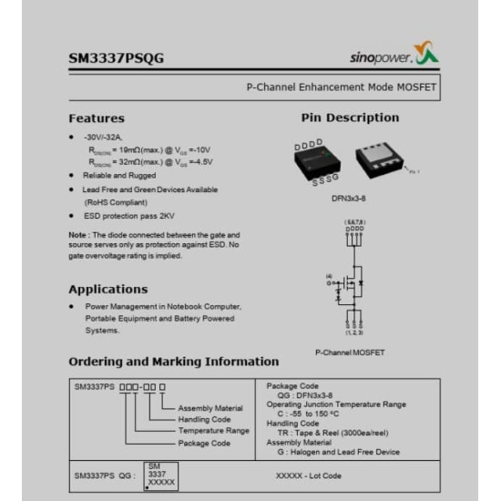 SM3337 SM3337PSQGC 30V 32A  P-Channel Enhancement Mode Mosfet